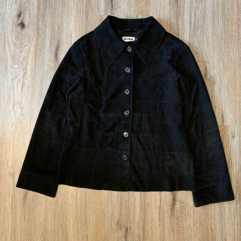 RIXO patchwork suede leather button up jacket in black - size xs womens